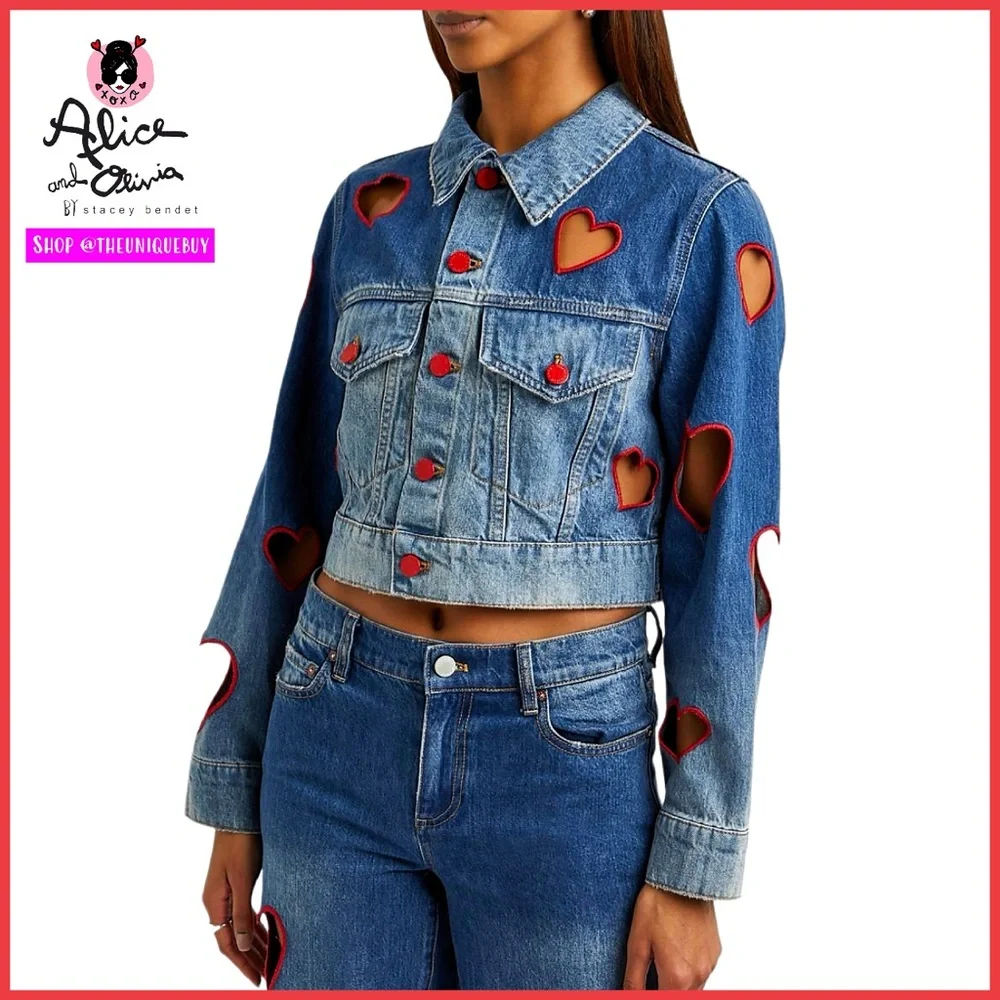 Alice + Olivia Jeff Heart Embroidered Cropped Denim Jacket - Picture 5 of 16